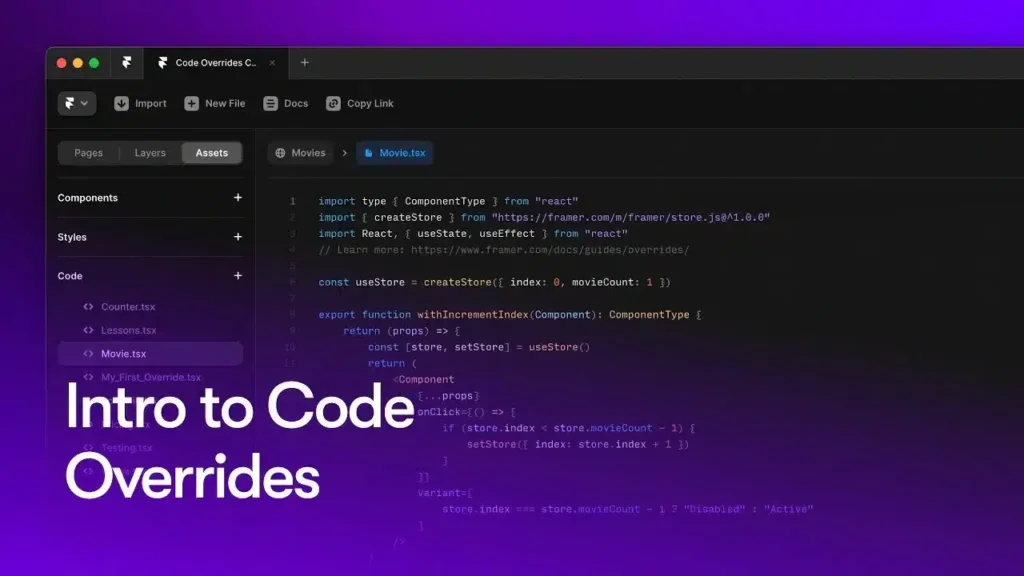 "Book cover for 'Mastering Framer Code Overrides' featuring abstract design elements and the title prominently displayed."