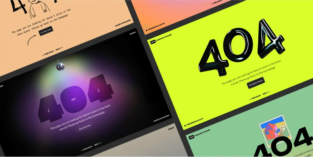 404 error page design featuring a playful illustration and text, showcasing Framer's creative approach to custom error handling.