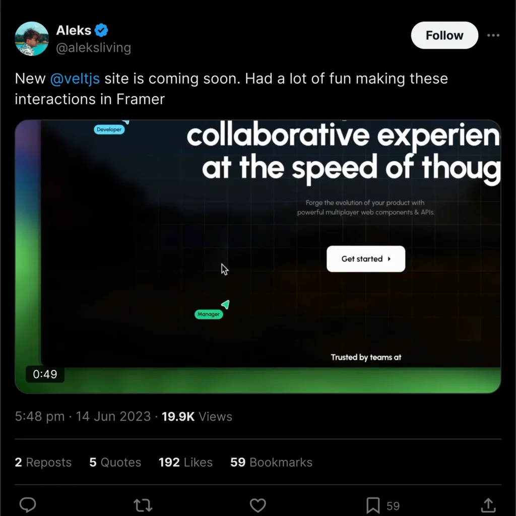 A Twitter post featuring a user named Aleks sharing a graphic design created with Framer, showcasing vibrant colors and modern aesthetics.