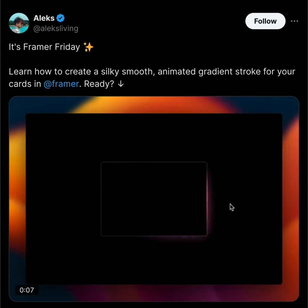 Aleks shares a vibrant Framer design on Twitter, featuring colorful graphics and engaging content in a clean layout, showcasing tech creativity.