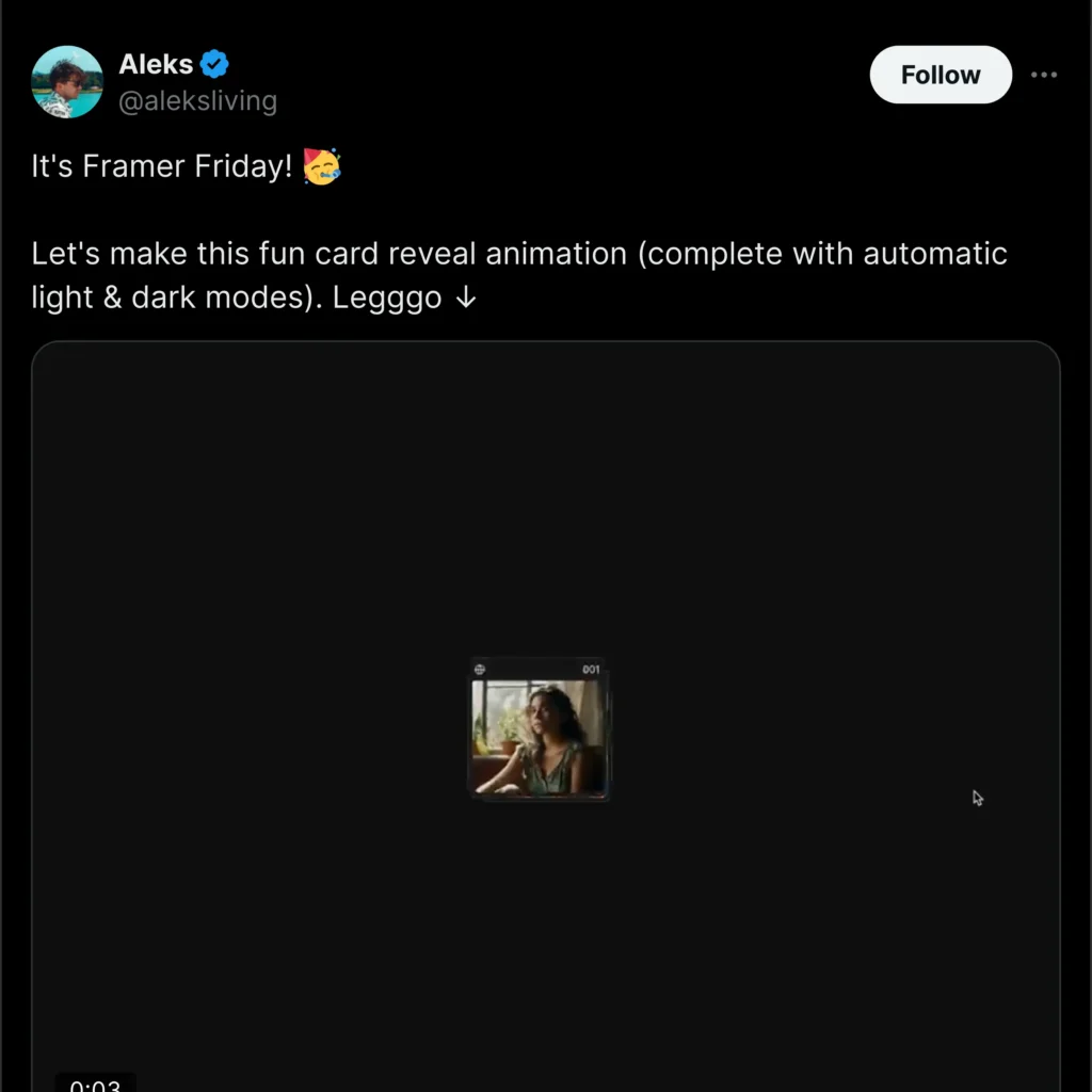 A Twitter post by Aleks featuring a colorful graphic showcasing Framer with bold text on a vibrant background, highlighting design elements.