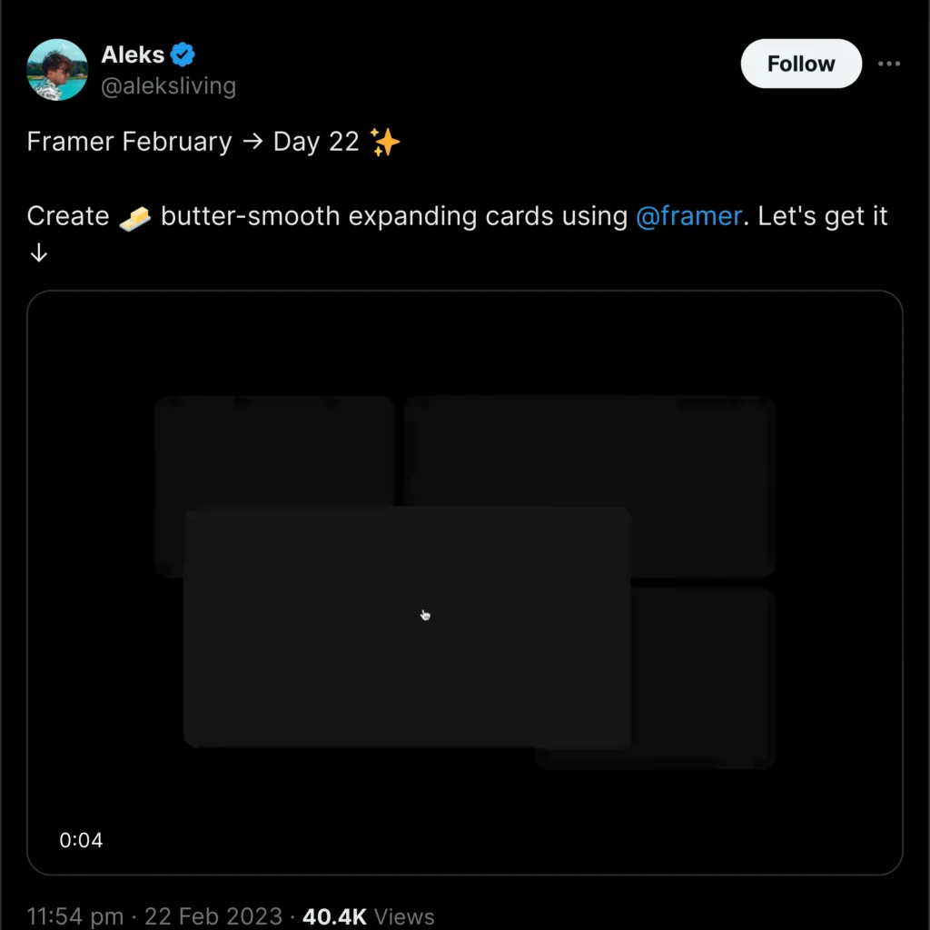 A Twitter interface showing a user named Aleks sharing a post about Framer, featuring engaging visuals and vibrant colors.