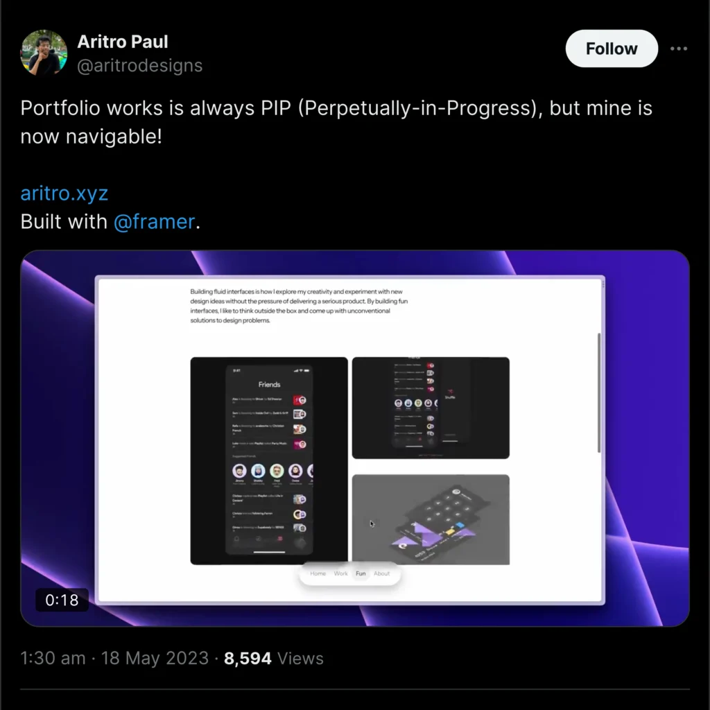 A Twitter profile screenshot of Aritro Paul showcasing a clean layout, featuring a profile picture, bio, and recent tweets. Framer design element included.