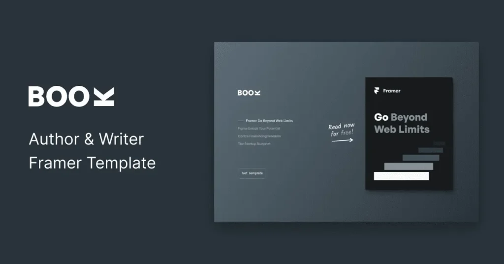 A minimalist webpage design featuring a book author showcase with elegant typography, vibrant colors, and a prominent Framer logo.