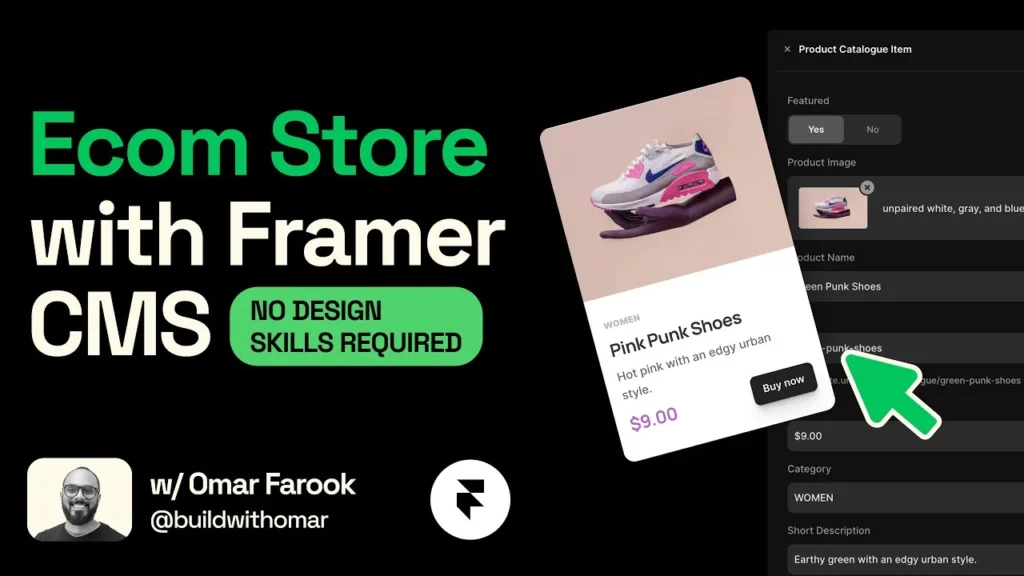 Image: A laptop displays an e-commerce website design in Framer, showcasing products against a clean, modern layout with vibrant colors.