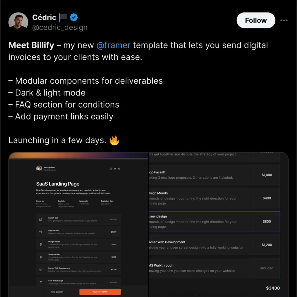 "Tweet from Framer user Cédric showcasing a vibrant design project, featuring bold colors and modern layout elements."