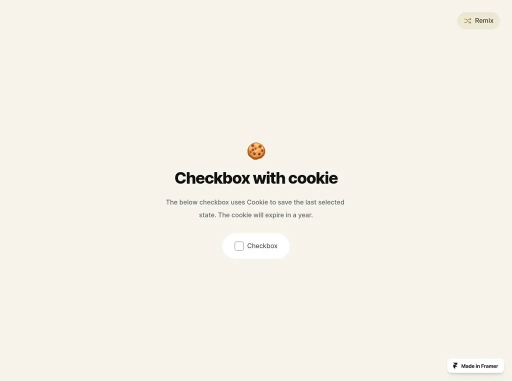 Checkbox with a cookie icon on a Framer interface, indicating a consent option for cookie usage.