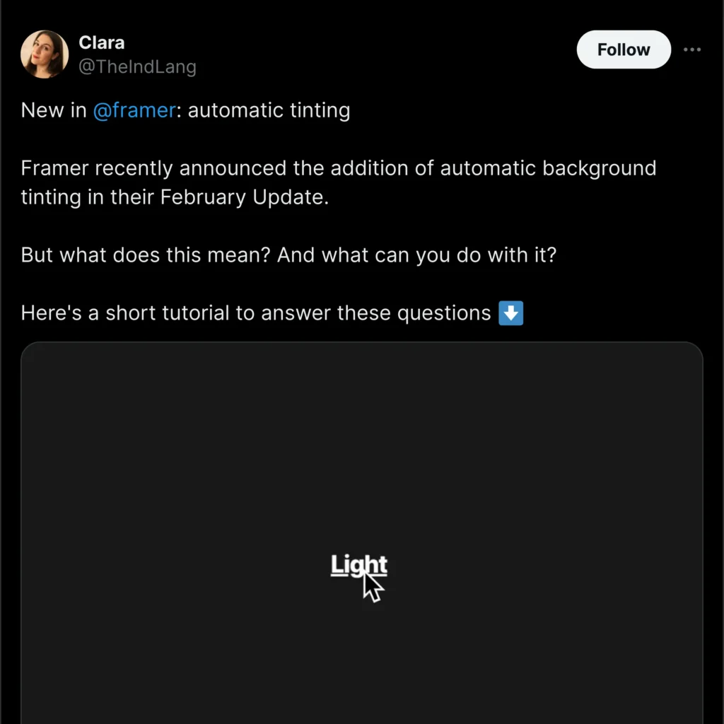 Framer app interface showcasing a Twitter post with user interaction features, vibrant colors, and clean layout.