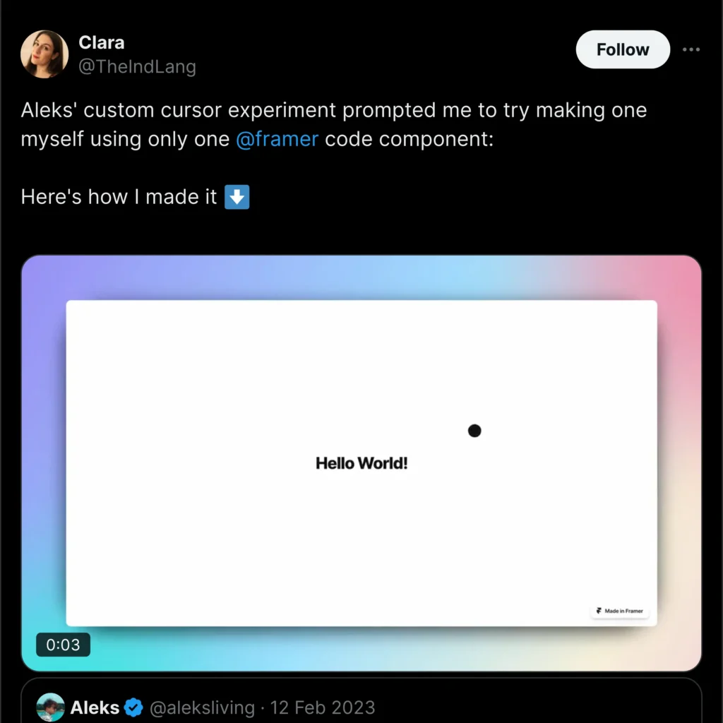 Screenshot of a Twitter conversation showcasing user engagement with Framer, featuring comments and reactions.