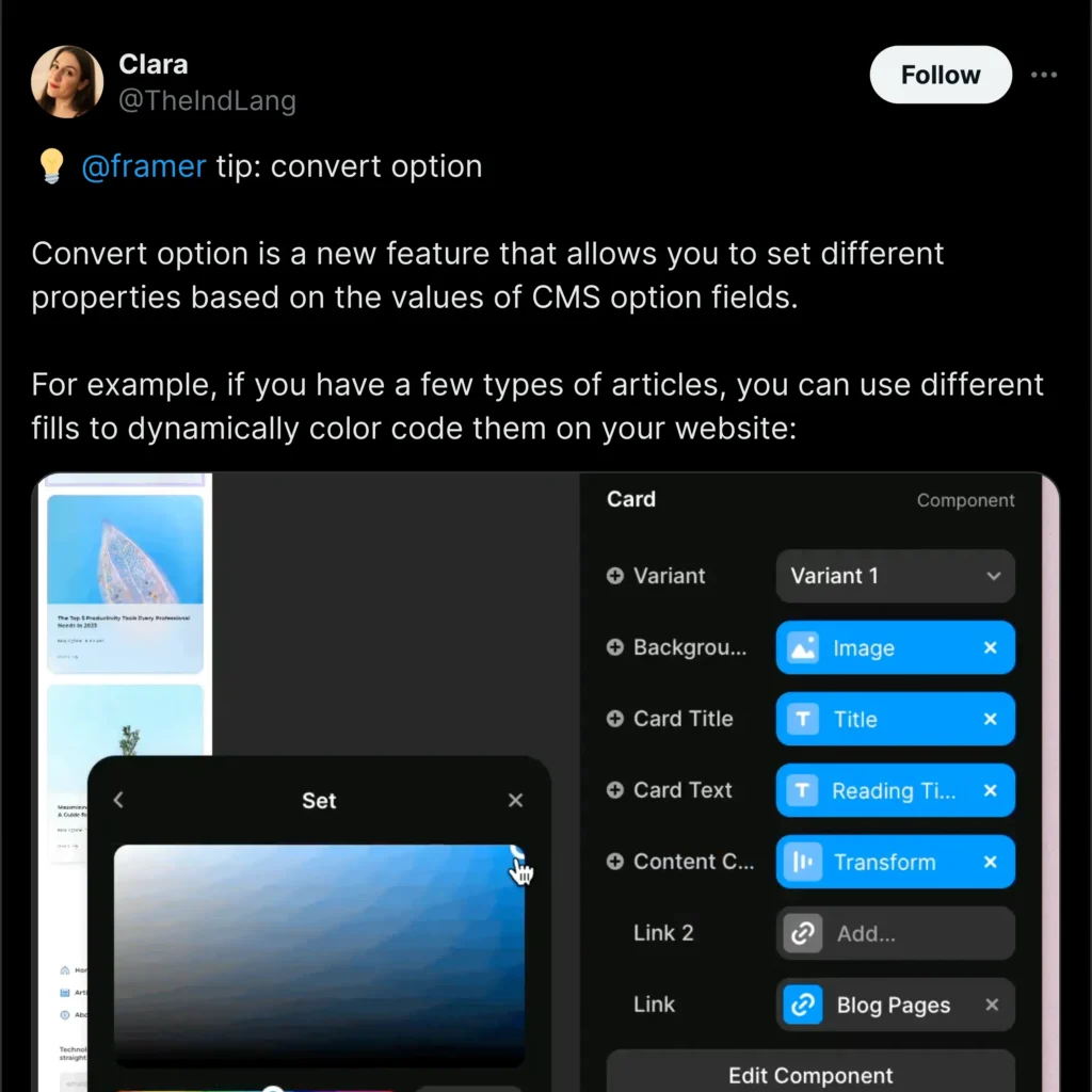 Framer interface showcasing a Twitter profile design by Clara, featuring vibrant colors and dynamic layout elements for social media engagement.