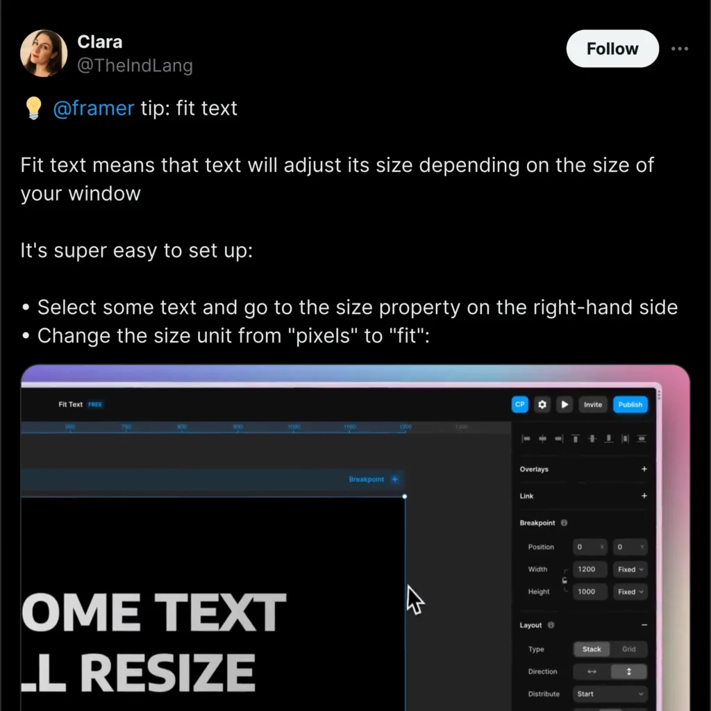 A screenshot of a Twitter profile featuring a user named Clara, designed in Framer, showcasing a clean layout with profile picture and bio.