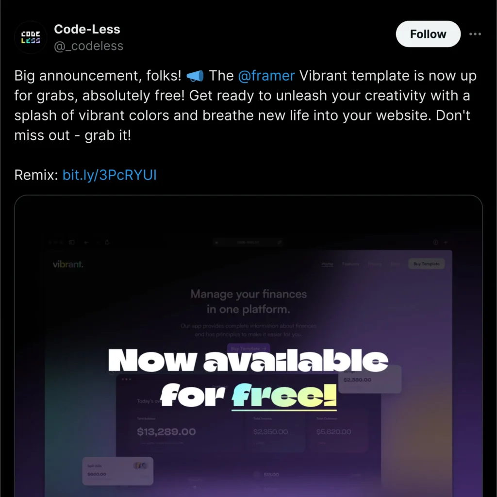 Framer interface showcasing a Twitter post with code preview, emphasizing a no-code design approach for easy content creation.