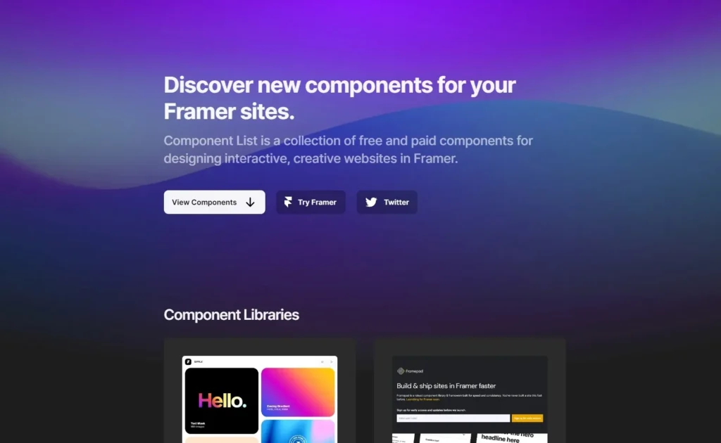 "Framer component list showcasing various design elements and components on a sleek interface, highlighting versatility for developers and designers."