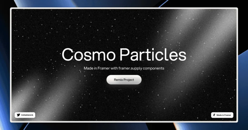 Framer Cosmo Particles component showcasing colorful, animated particles on a dark background, enhancing an interactive web design.