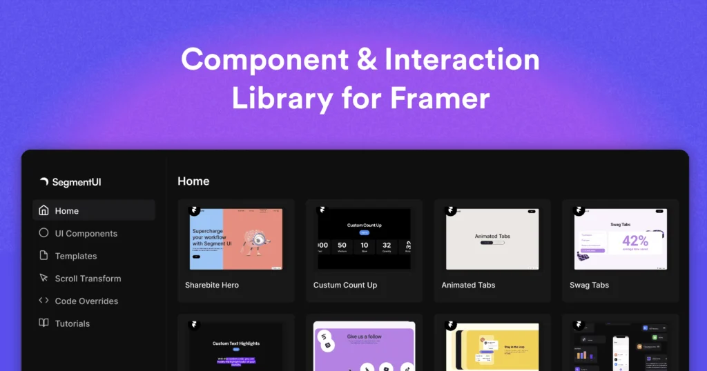 Custom cursor design by SegmentUI in Framer, featuring a stylized pointer with vibrant colors on a minimalistic background.