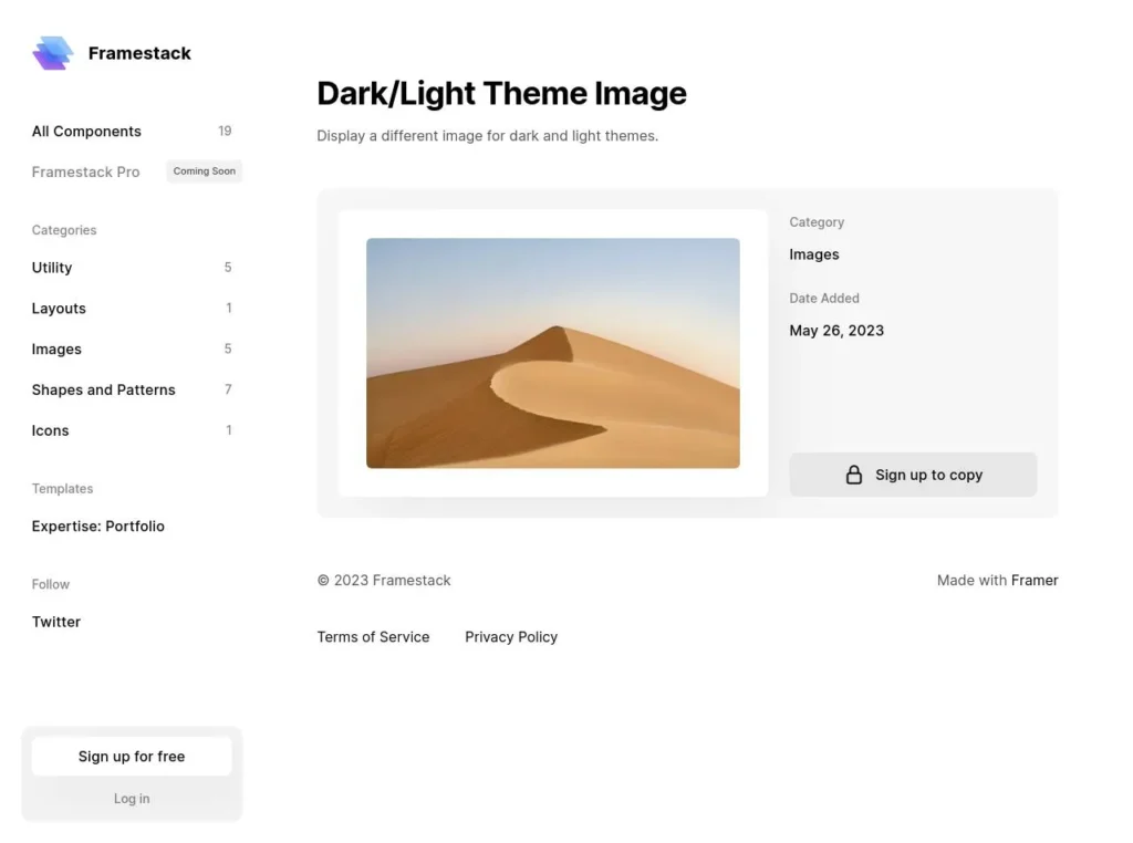 Framer Darklight theme showcasing a sleek user interface with Framer components and design elements on a gradient background.