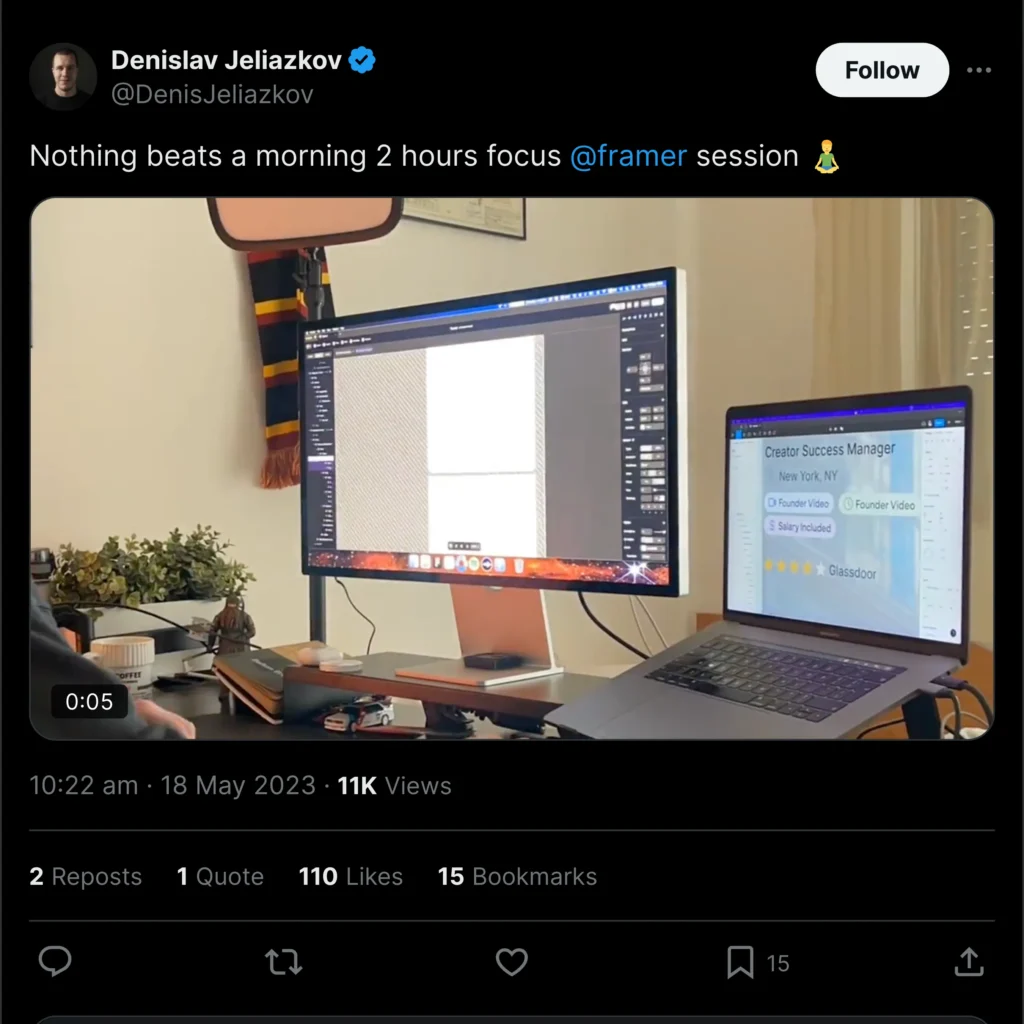 A Twitter post by Denislav Jeliazkov showcasing Framer features, with a clear layout and engaging visuals highlighting design tools and functionality.