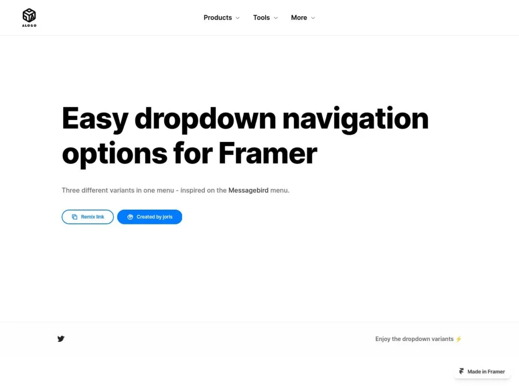 Framer interface displaying a dropdown menu for selecting product variants, featuring various customization options and an organized layout.