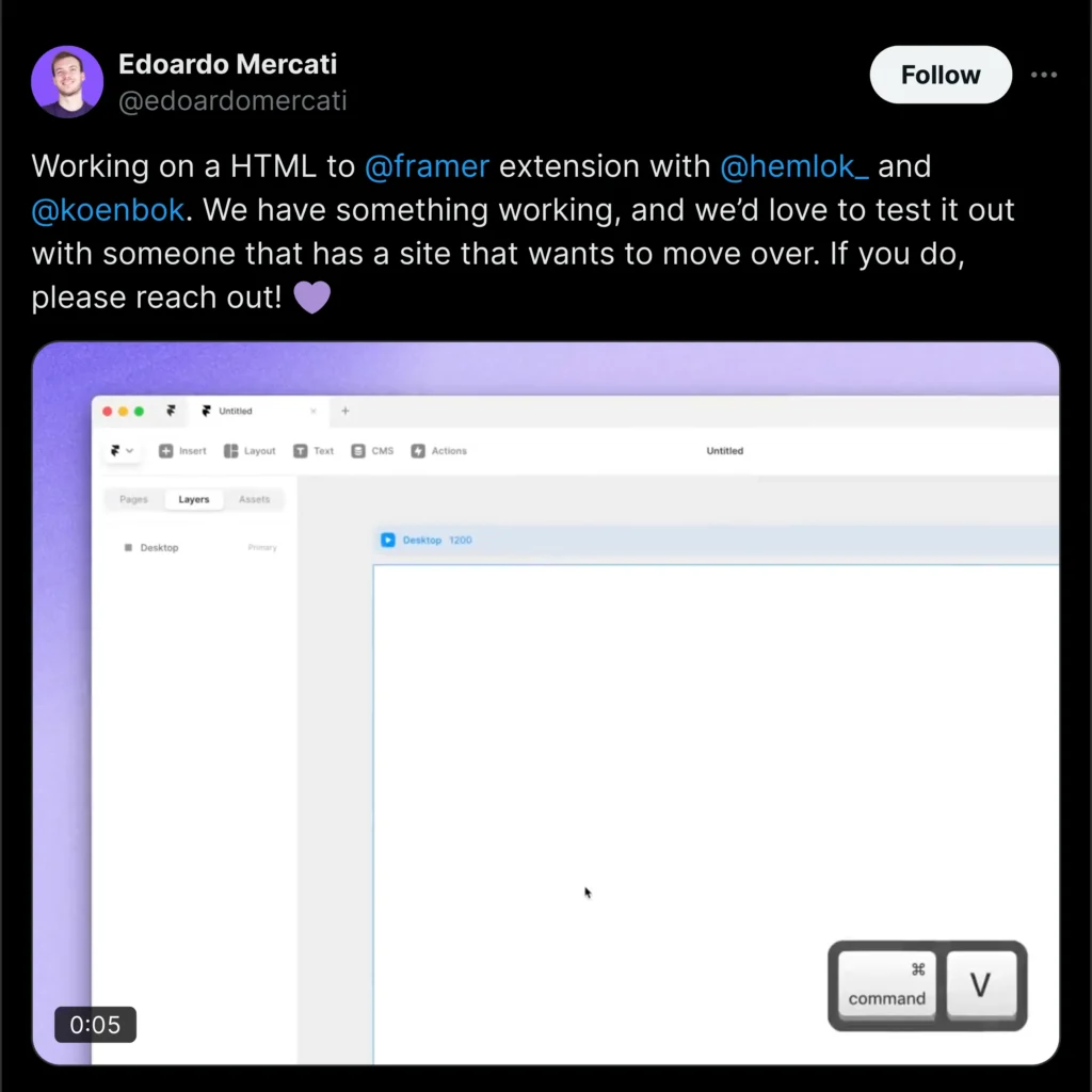 Edoardo Mercati's Twitter profile featuring a photo of him smiling, with a colorful background and Framer branding visible.