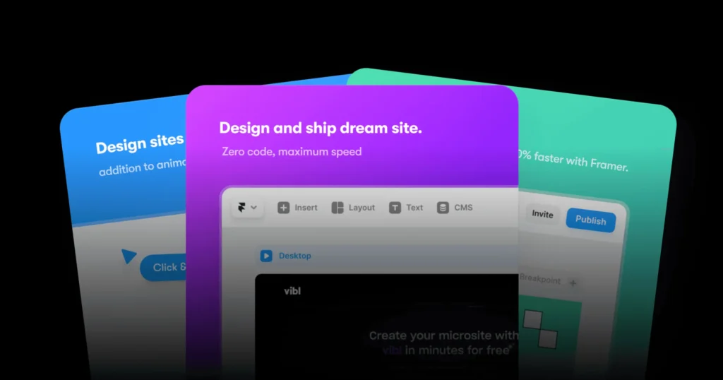 Colorful Framer fan cards displaying various design templates and elements, set against a light background for easy viewing.