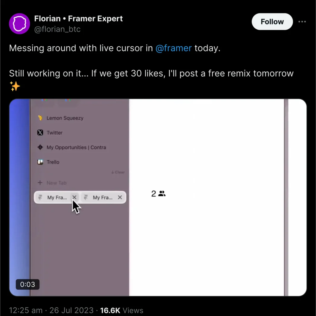 Framer design interface showcasing a Twitter feed layout with user posts and images, emphasizing modern UI elements and vibrant colors.
