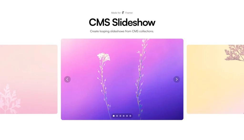 Screenshot of a Framer CMS slideshow carousel showcasing vibrant image transitions and smooth navigation, emphasizing modern web design features.