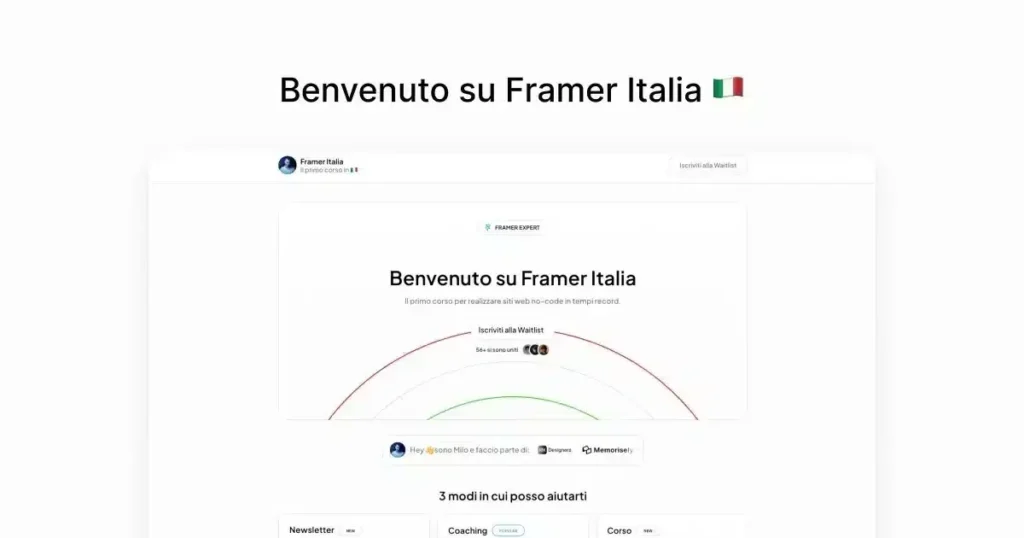 A scenic view of Italy's coastline, showcasing colorful buildings perched on cliffs, with blue ocean waves below; Framer design elements enhance the visual appeal.