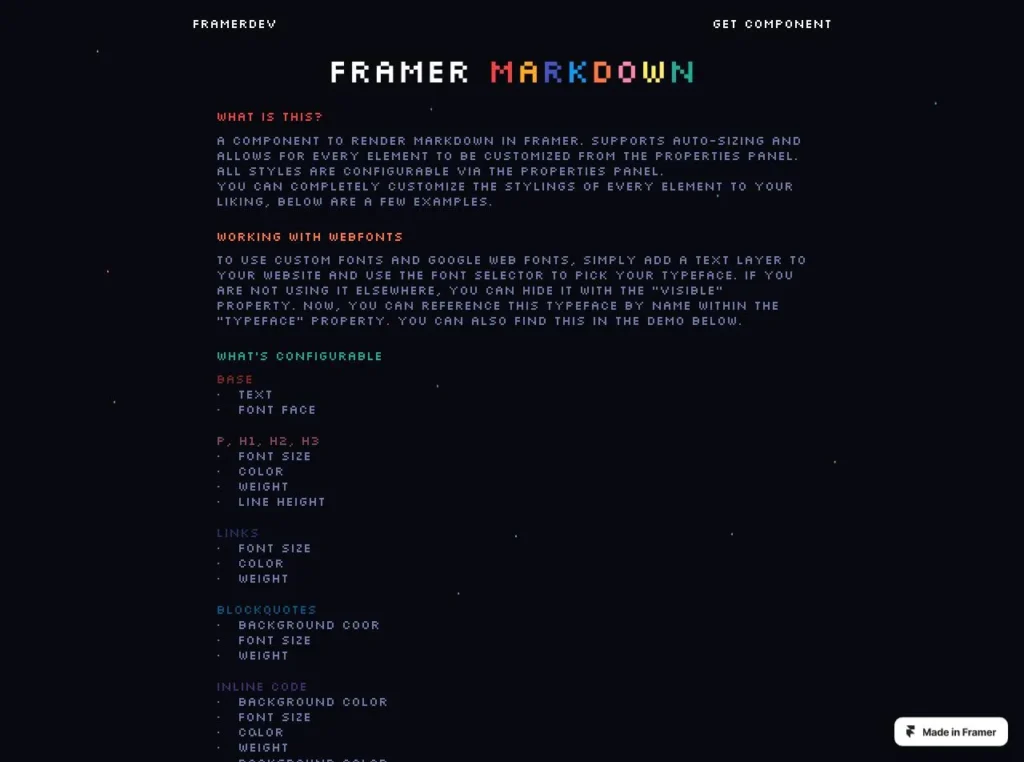 "Framer design interface showcasing Markdown editing features, with clean layout and tools for creating interactive content."