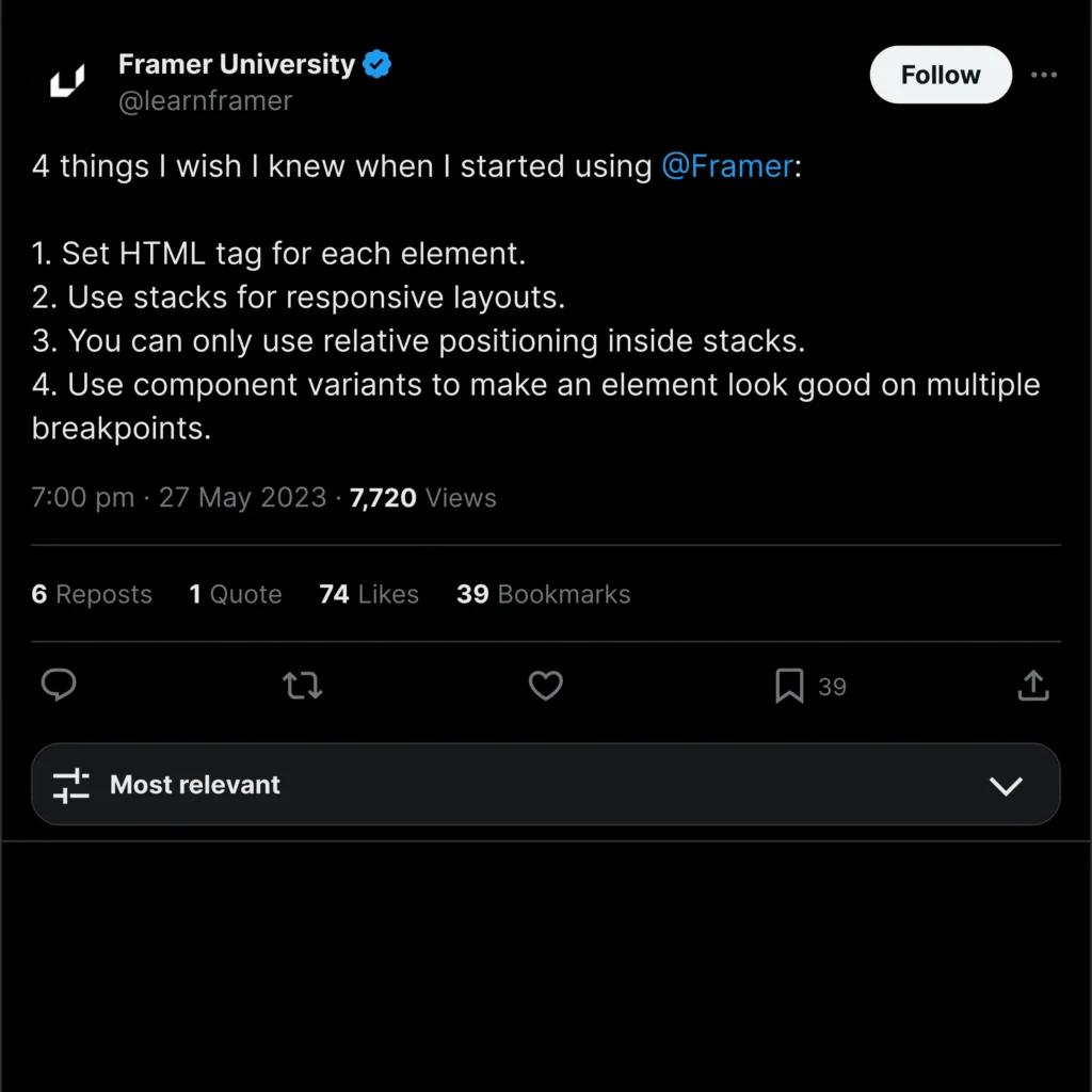 Framer University Twitter post promoting design resources, featuring vibrant graphics and engaging text about learning and creativity.