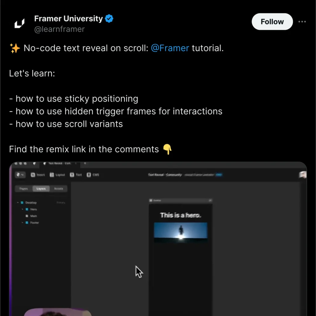 Screenshot of a Twitter post from Framer University, featuring engaging content about design with images and text.