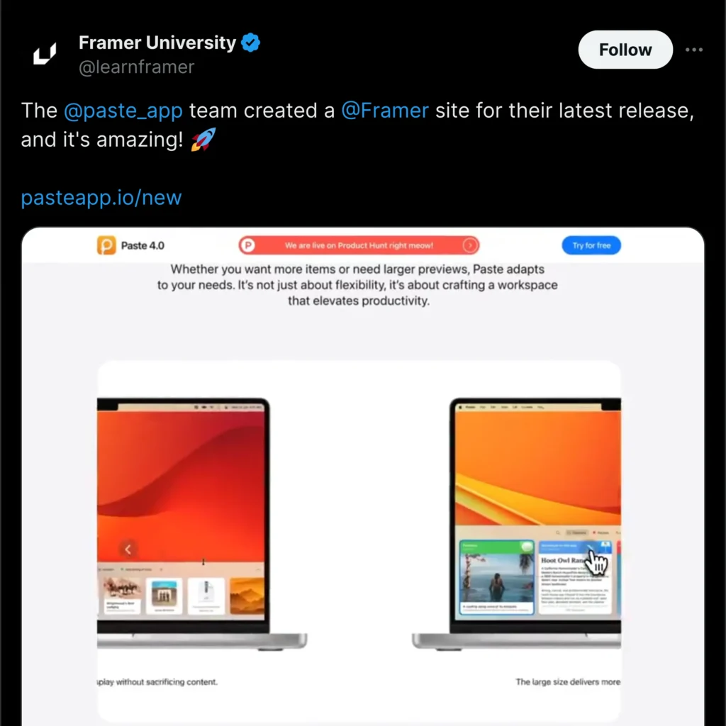 Framer University Twitter post featuring a sleek graphic with vibrant colors and text promoting Framer's educational resources.