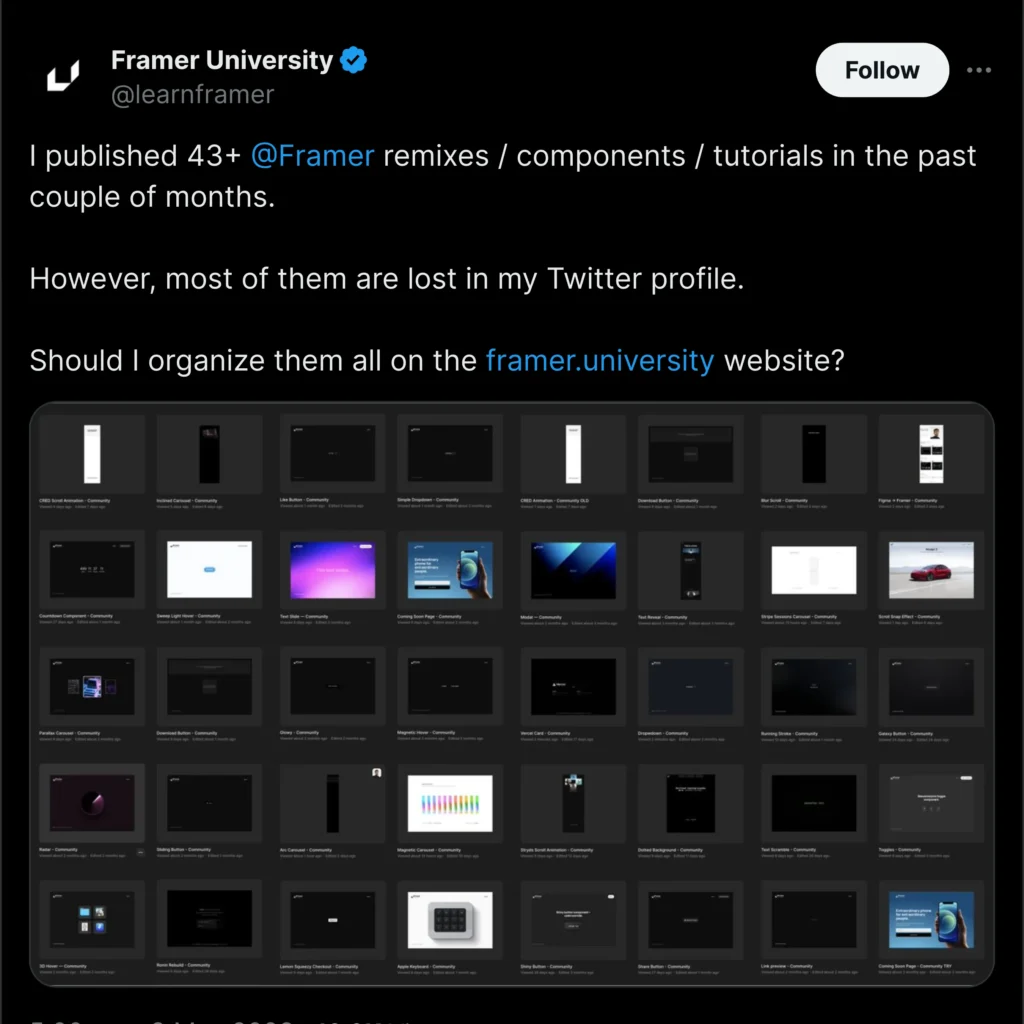 Framer University Twitter page showcasing engaging content, design tips, and community interaction for design enthusiasts and developers.