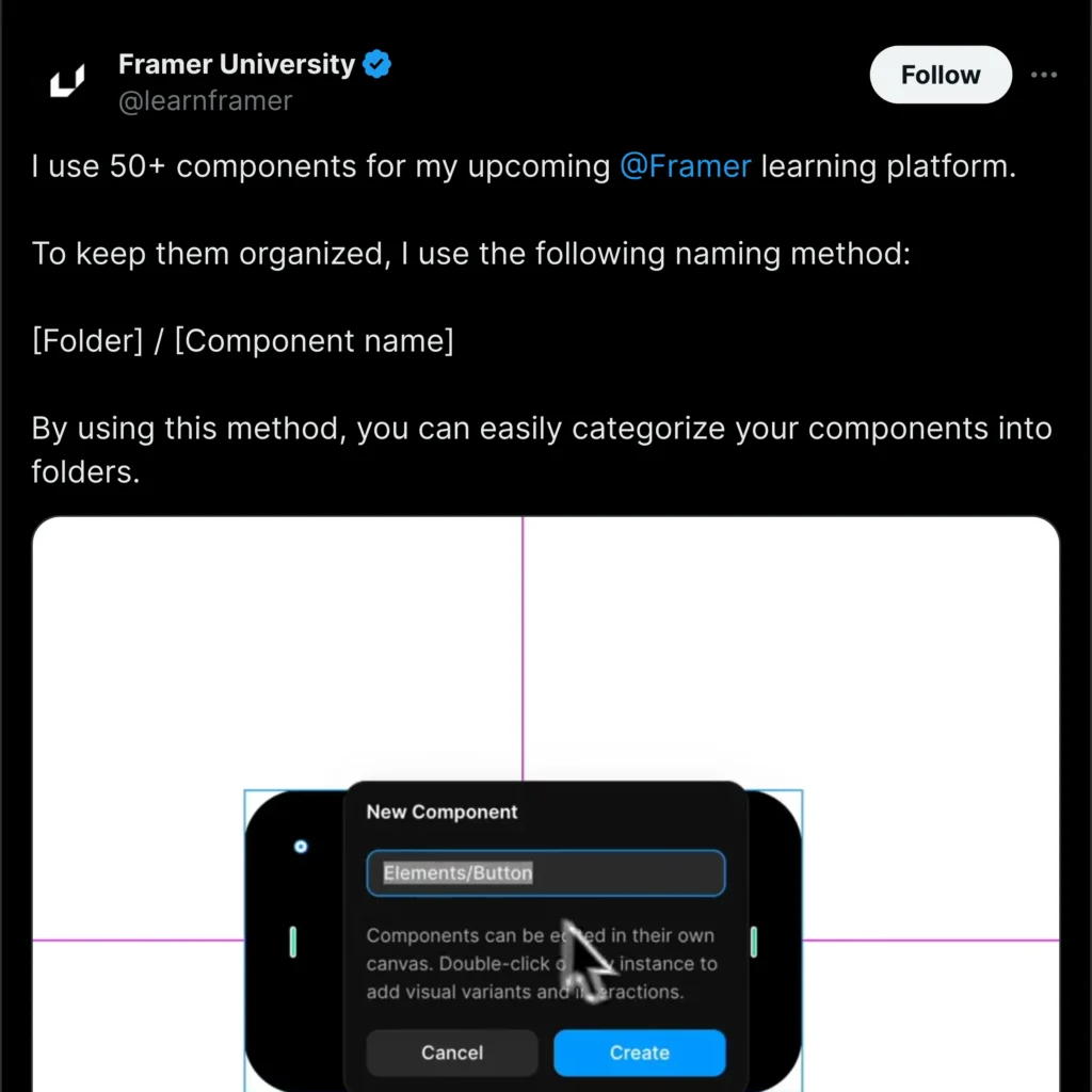 Framer University Twitter page showcasing a modern design with blue and white accents, featuring educational content and community engagement.