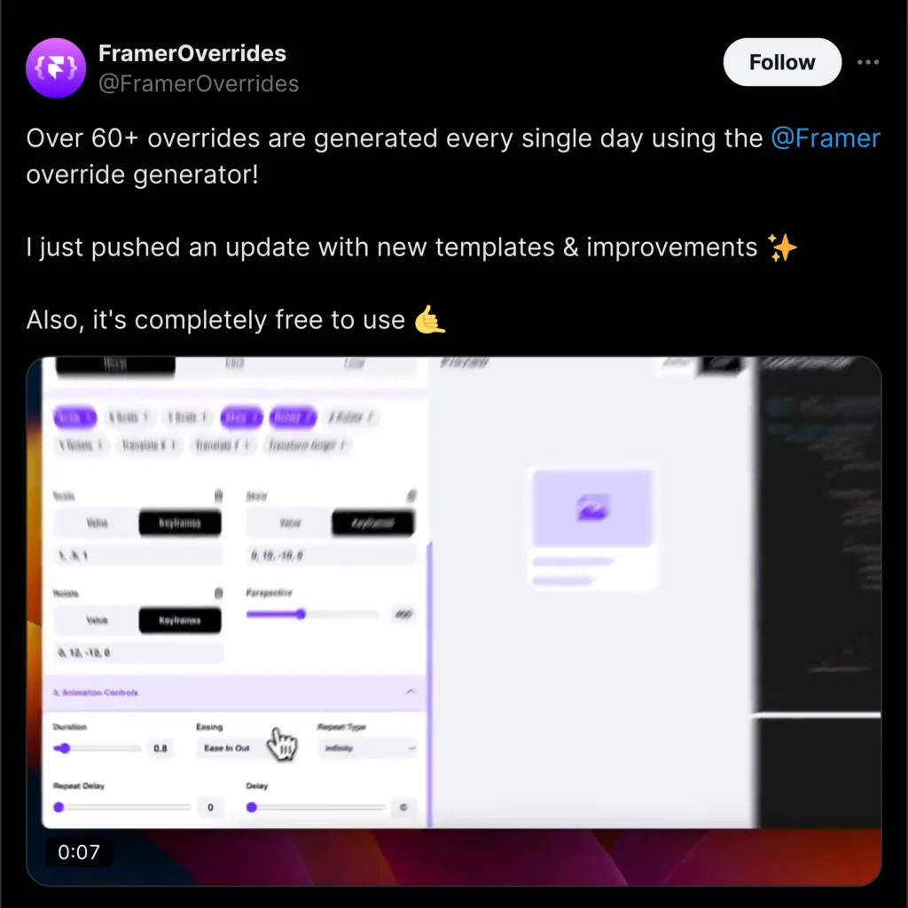 Framer interface showcasing overrides feature on a design canvas with multiple interactive elements highlighted.
