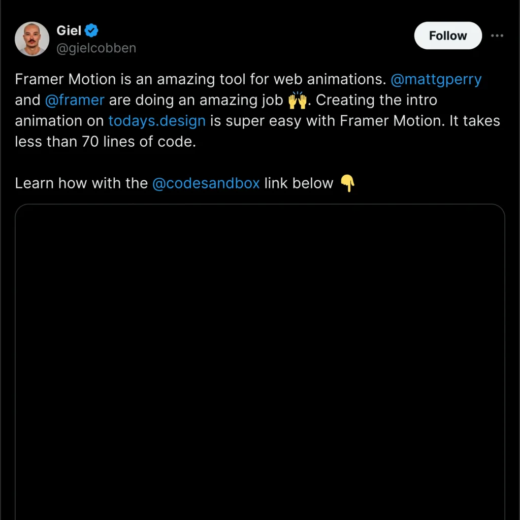 Framer logo displayed on a Twitter profile, featuring user Giel's profile photo and social media details. Clean and modern design elements.
