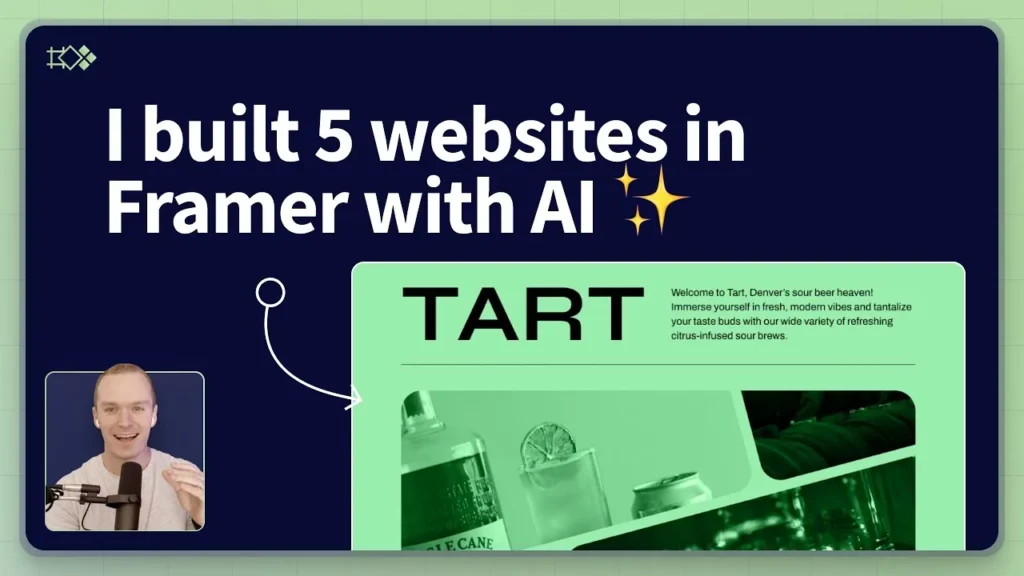 A user interface displaying a web design project in Framer, featuring a modern layout with vibrant colors and AI tools for website building.