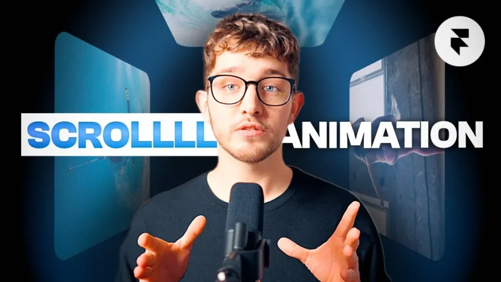 A step-by-step guide illustrating how to create a no-code scroll animation in Framer, featuring visuals of the interface and design elements.
