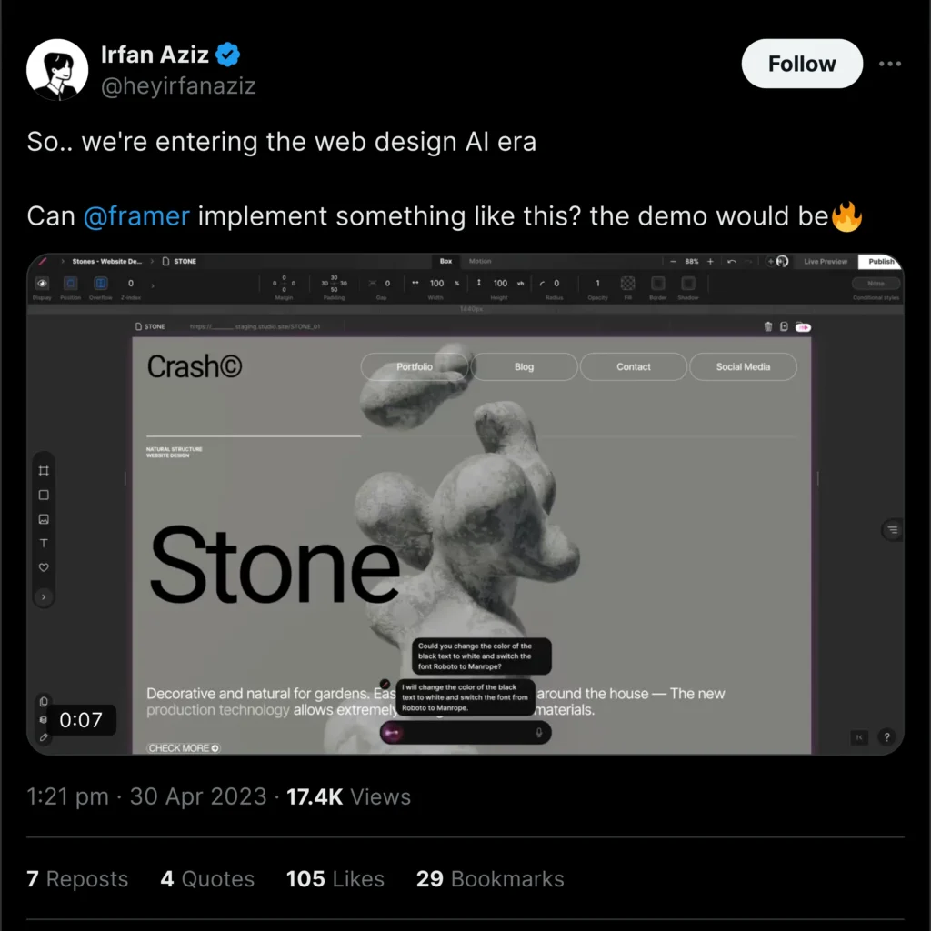 A screenshot of a Twitter post by Irfan Aziz, showcasing an engaging graphic design, with vibrant colors and bold typography, highlighting Framer.