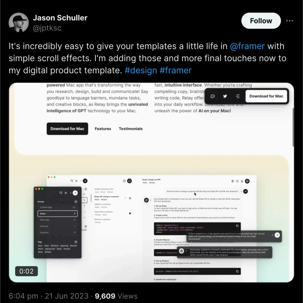 Jason Schuller’s Twitter profile on Framer, showcasing a clean layout with his photo, followers count, and recent tweets displayed prominently.