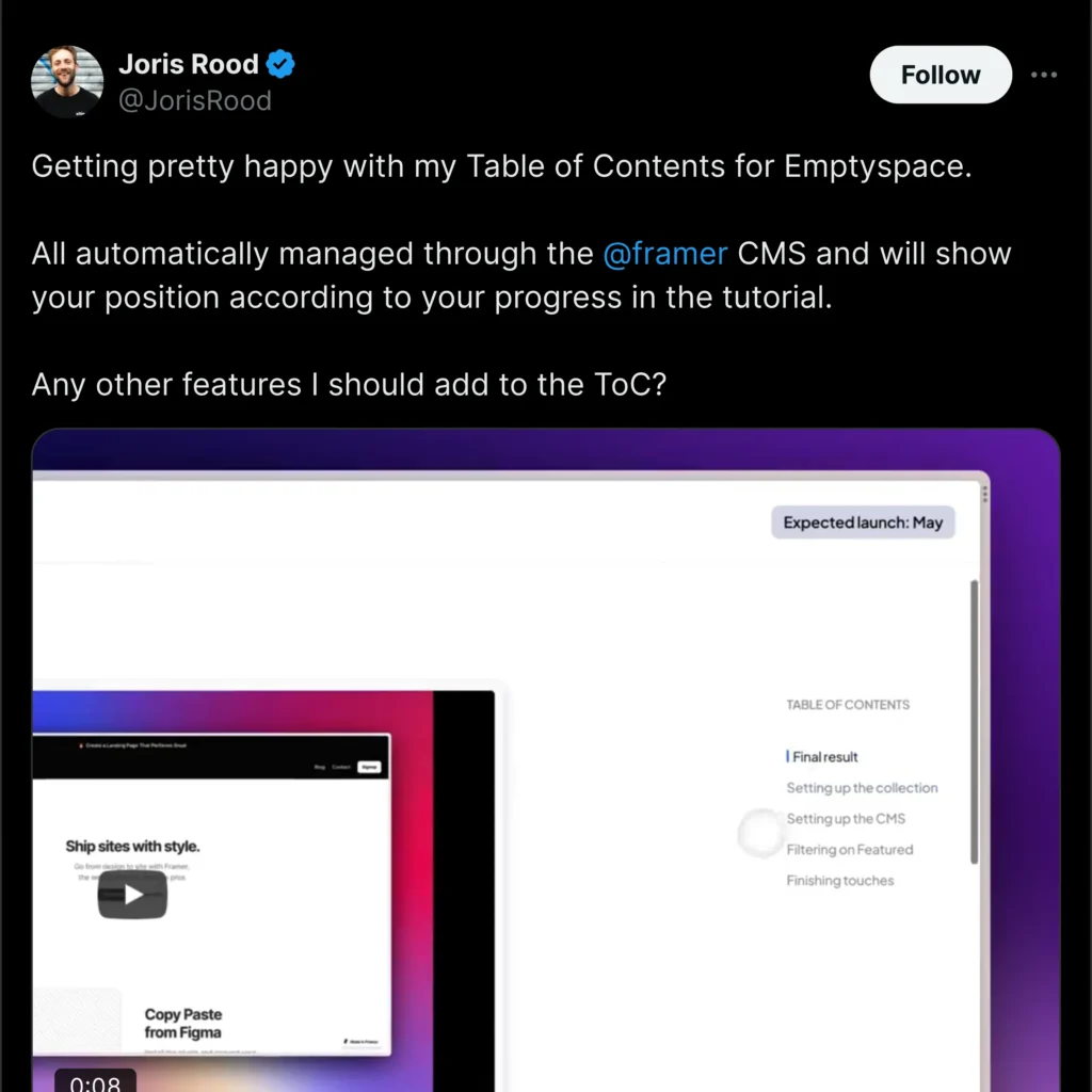 "Screenshot of Joris Rood's Twitter profile showcasing a clean layout and recent posts, featuring Framer branding."