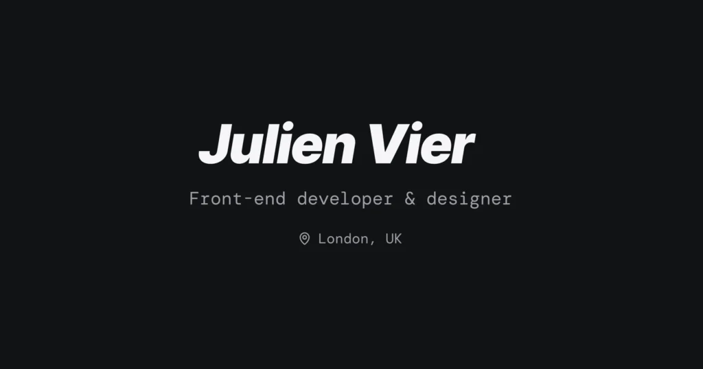 A front-end developer and designer named Julien Vier, working on a laptop in a modern workspace, showcasing a clean design aesthetic with Framer elements.