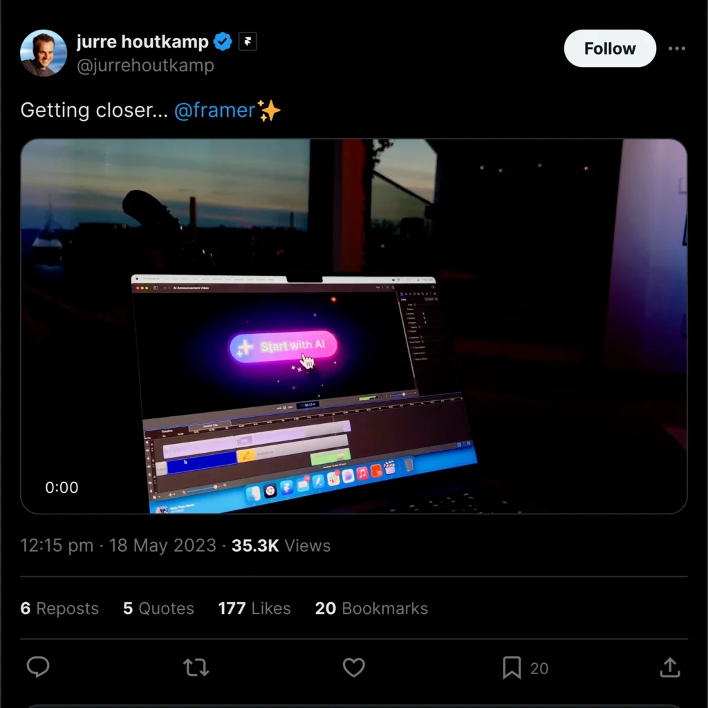 A Twitter interface showcasing a post by Jurre Houtkamp, featuring text and Framer branding, displayed on a sleek, modern device screen.