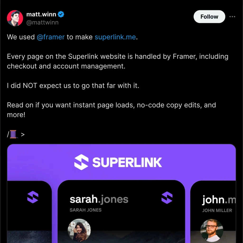 A Twitter profile screenshot of Matt Winn showcasing a Framer project, featuring vibrant graphics and engaging text highlighting design features.