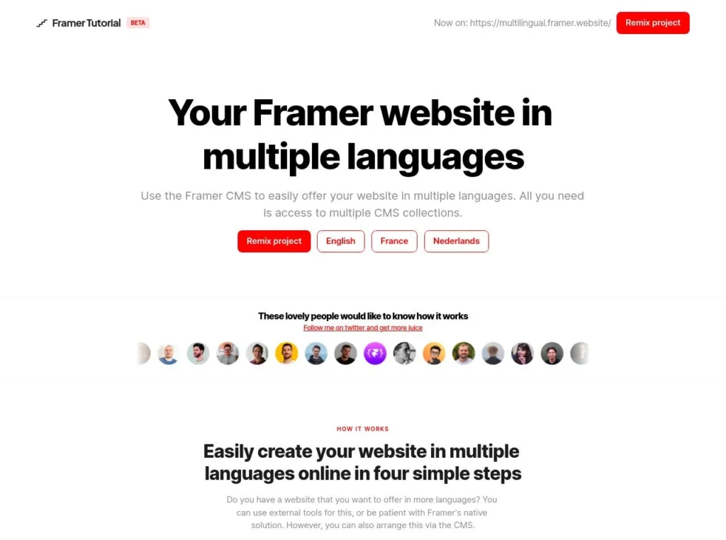 A multilingual website layout showcasing Framer design, featuring various language options and a modern, user-friendly interface.