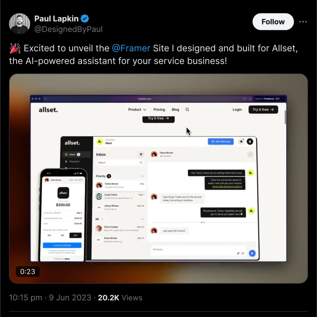 A Twitter post featuring Paul Lapkin's insights on design, overlaid with Framer branding. The background is a mix of soft colors, emphasizing creativity.