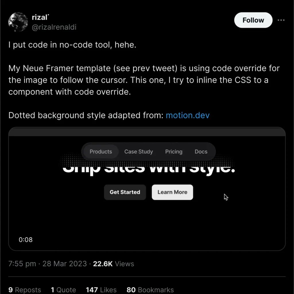 Screenshot of a Twitter post featuring Framer, showcasing a user-friendly interface with colorful illustrations, promoting design collaboration and creativity.