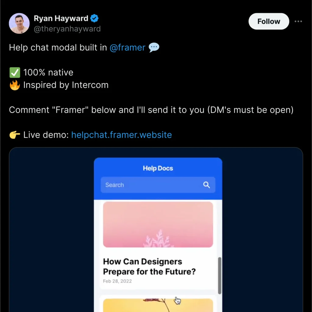 Ryan Hayward's Twitter page displayed on a smartphone, highlighting a tech-themed profile with green accents and Framer branding.