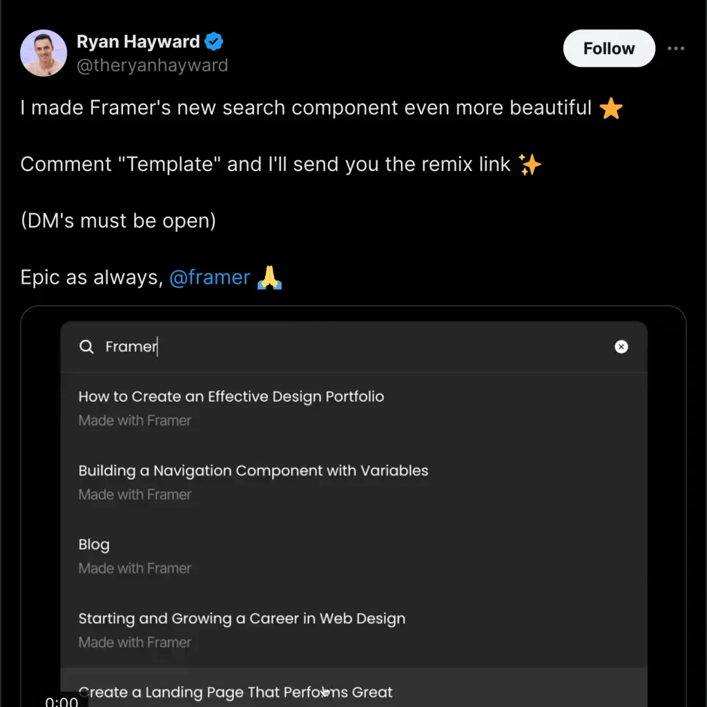 Image of Ryan Hayward's Twitter profile, featuring his photo and Framer logo, showcasing a professional social media presence.