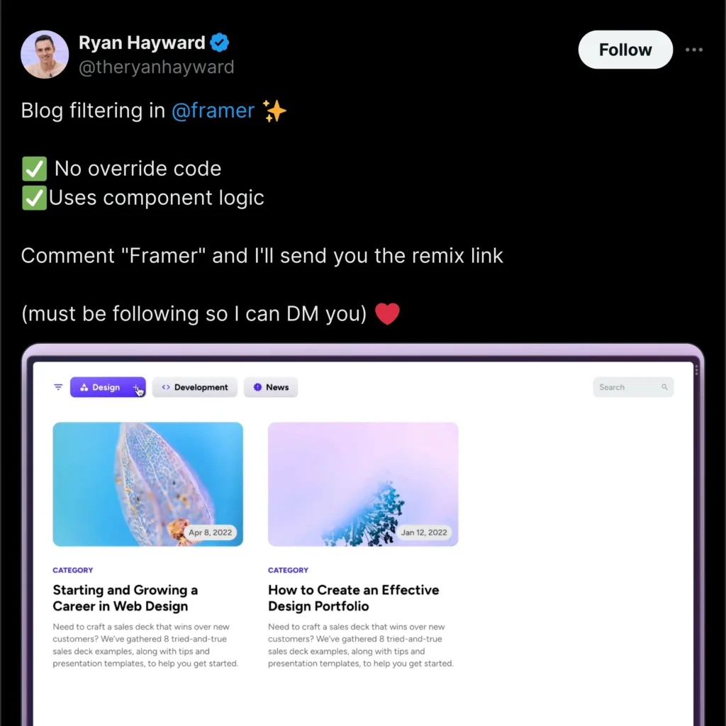 Framer screenshot of Ryan Hayward's Twitter profile displaying a colorful header image and engaging tweets on a clean layout.