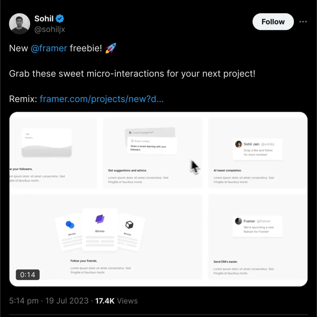 Screenshot of a Twitter profile featuring Framer, showcasing posts about design and development with a profile picture and a blue header.